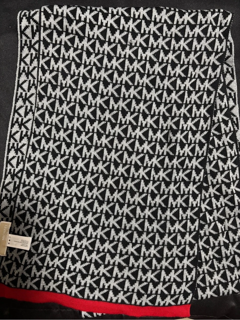 Black & White Knit Scarf with Red Trim